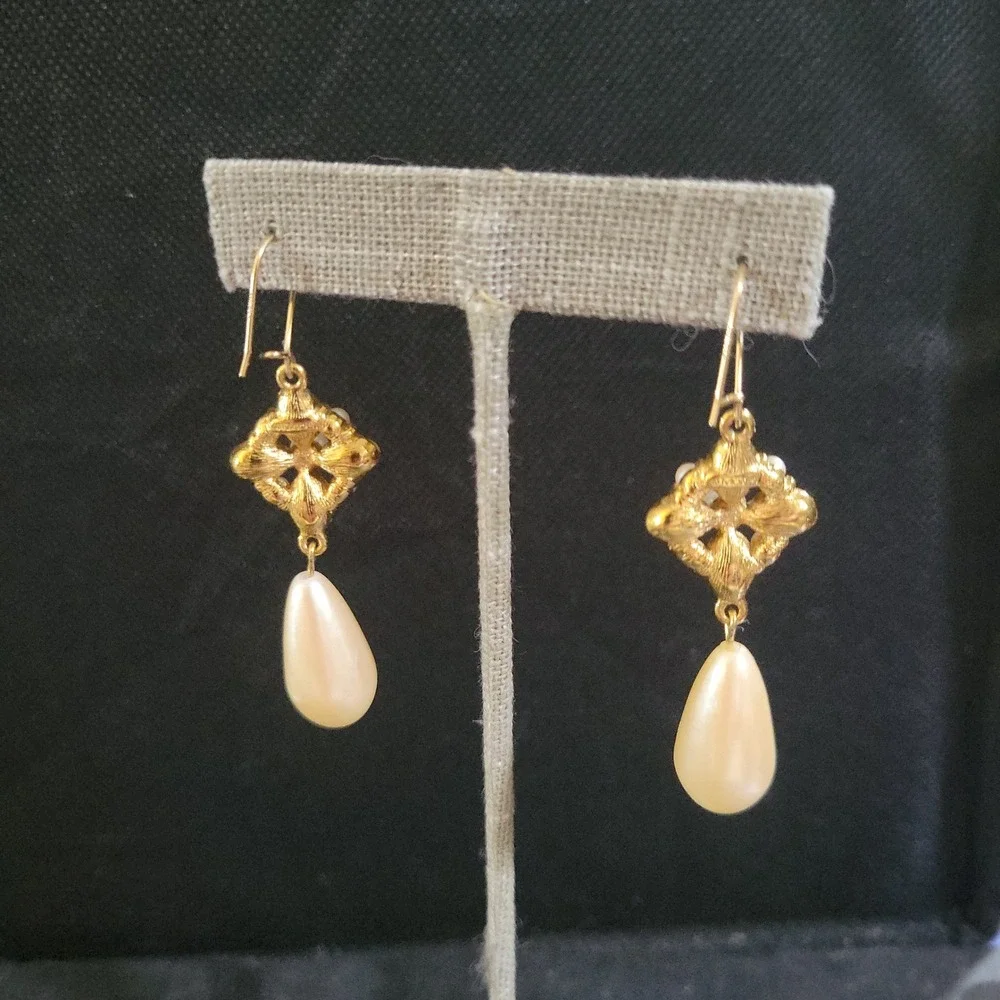 Regencycore Jewel Tone Cross Earrings Faux Pearl Teardrop Byzantine Dangle